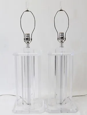 80's Modern Art Deco Clear Lucite Acrylic Columns Vintage Table Lamps Pair • $339.99