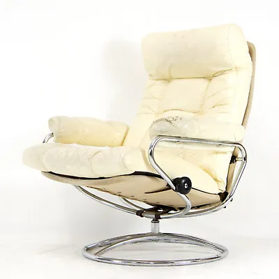 Retro Vintage Leather Stressless Swivel Recliner Lounge Chair Armchair Danish • £445