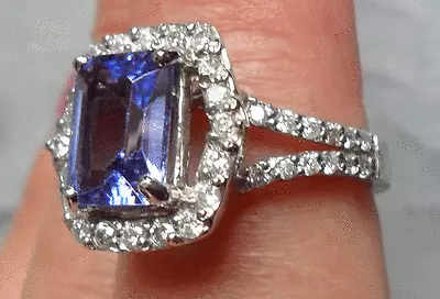 14K Not 9ct Gold Natural 2.72CT Emerald Cut  AAA  Tanzanite & Diamond Halo Ring  • £1275