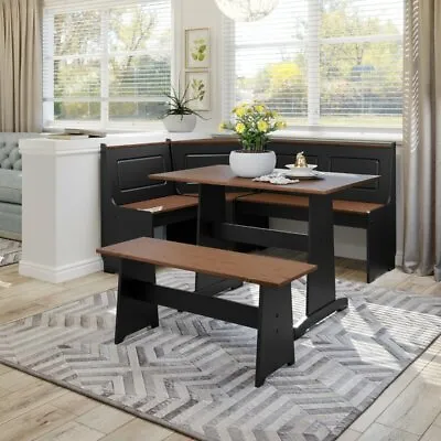 3 Pc Black Brown Top Breakfast Nook Dining Set Corner Booth Bench Kitchen Table • $600.90