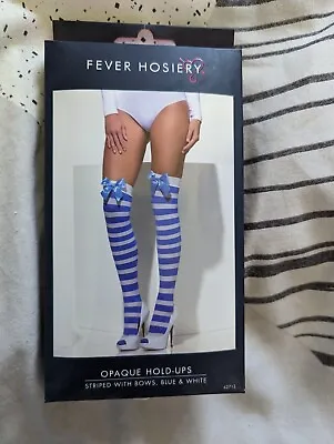 Blue And White Hold-Ups Stockings + Bows Sailor Nautical Ladies Sexy Fancy Dress • £5.34