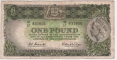 1961 Australia 1 Pound Banknote - Coombs / Wilson - R34 - Good - # 31155 • $19