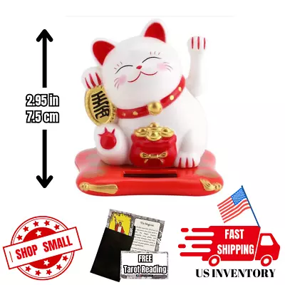 White Good Fortune Lucky Cat Solar Powered Maneki Neko Waving Arm Money Charm • $14.99