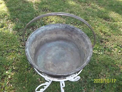 Vintage Large Copper Cauldron Pot W/ Rolled Edge & Fixed Brass Handle 12  • $79