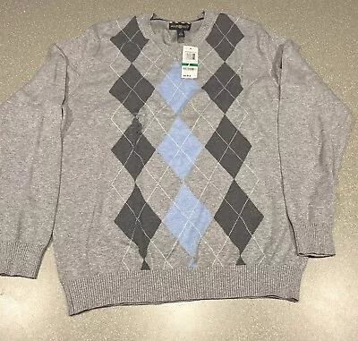 Club Room Sweater Mens Gray Blue Argyle Cotton Pullover Lightweight New Large • $12