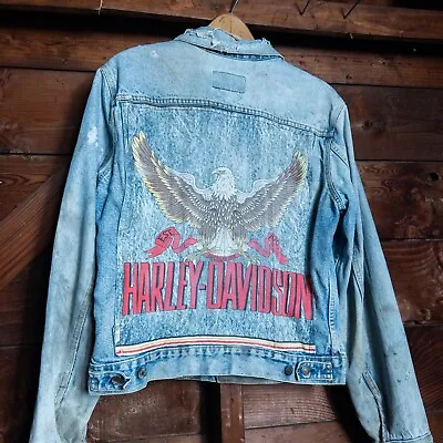 Vintage 80s Levi’s Harley Davidson Jacket Distressed Denim Band Sz 44 Medium • $85