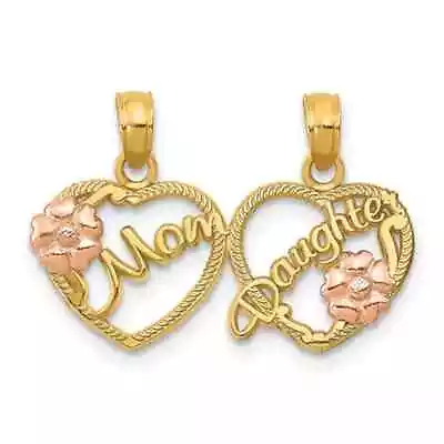 Solid 10K Yellow Gold Two Tone Mom Daughter Break Apart Heart Pendant 17mm • $123.85