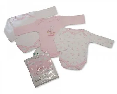 Nursery Time Girls 3pcs Long Sleeve Baby Body Vest 00-24 Months Pink Cotton New • £10.95