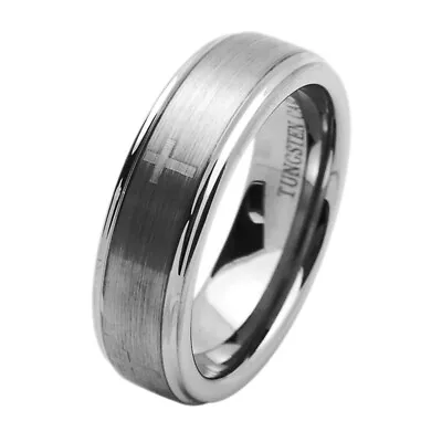 Men 7MM Tungsten Carbide Wedding Band Laser Engraved Cross Concaved Ring • $29.99