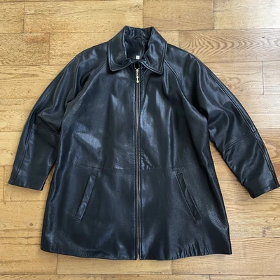 $50 • Buy 90’s Black Leather Jacket Full Zip Mid Length Size L Made In USA Womens Vakko