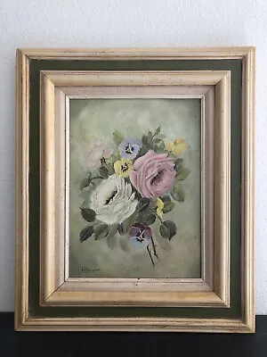 Vintage Oil Painting Still Life Floral Rose Pansy Mat Framed Signed 20.5x24” • $115