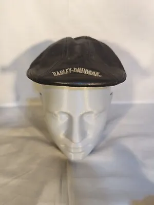 Harley Davidson Black Leather Embroidered Cabbie Newsboy Hat Mens Sz S Clean • $32.49