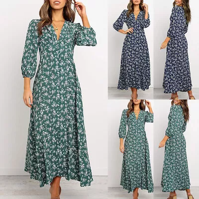 Womens Floral Boho V Neck Long Sleeve Maxi Dress Ladies Casual Loose Shirt Dress • £13.09