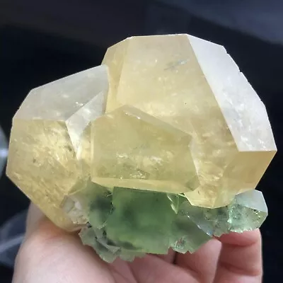 256g Rare Golden Mercedes Calcite Crystal & Bright Green Cube Fluorite Specimen • $35