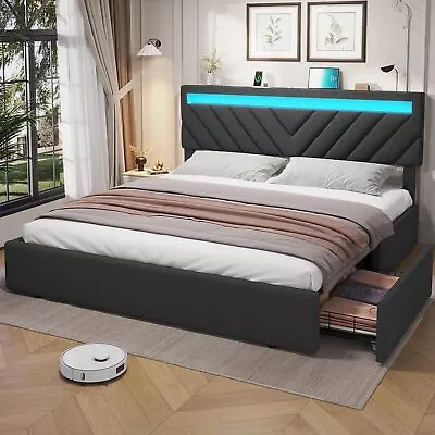 King Size Bed Frame With Storage Drawers & LED Lights Upholstered Headboard • $219.99