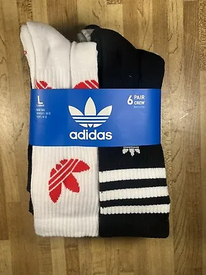 6 Pack Adidas Socks Crew Stripe Trefoil Logo Black White Red Grey Size 8-12 • $23