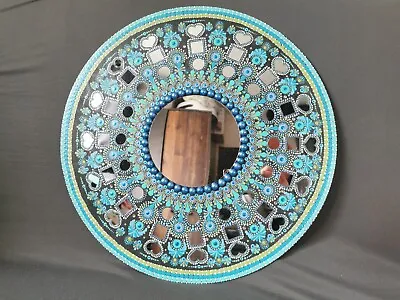 Hand Painted Round Mandala Style Mirror 45 Cm Diameter Blue Main Mirror 15 Cm • £49