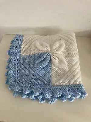 Vintage Retro Hand Knitted Baby Blanket Throw White Blue Unusual • £9.99