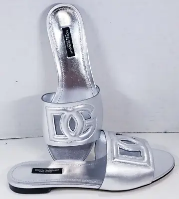 Dolce & Gabbana Women's Cutout Logo Flat Slide Sandals  Sz 37(7US) Silver • $446.87