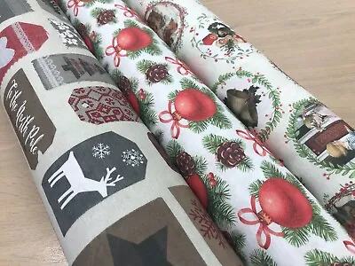 Christmas Cotton Print Fabric Linen Look 140 Cms Wide Craft Table Cloth Material • £7.99