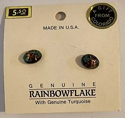 Vtg Genuine RainbowFlake Turquoise 18kt Gold Plate Post Earrings Carded Box RARE • $11