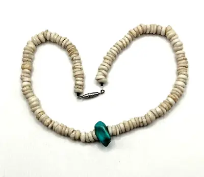 Hawaiian Puka Shell Choker 6-7mm Shells W/ 14mm Turquoise Center Piece  14  JCS • $28