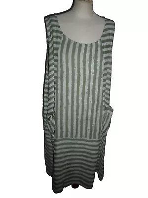 Made In Italy UK 18 20 Arty Tunic  Dress - Green Striped Linen - Pockets • £6.99