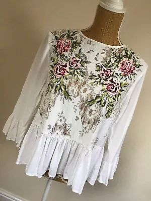 Size 10 Embroidered Bodice White Top Frillylace Summer By New Look • £4.99