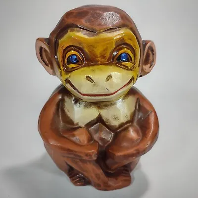 Vintage Monkey Ape Plastic Napcoware Coin Piggy Bank Blue Rhinestone Eyes 5.5 • $17.49