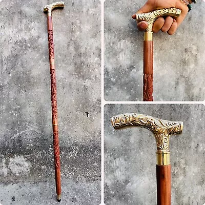 Antique Hand Carved Wooden Walking Stick Cane Solid Brass Handle Vintage Gift • $35.60