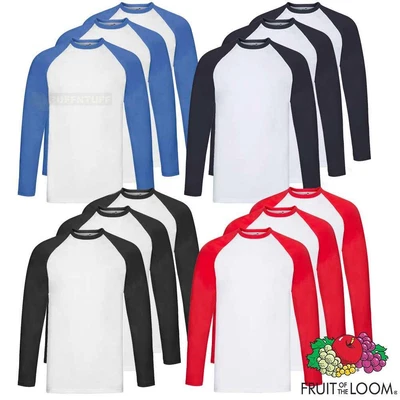 £18.99 • Buy 3 Pack Fruit Of The Loom Baseball T-Shirt Mens Long Sleeve Plain Tee Shirt New