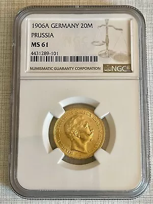 Germany 1906-A Prussia 20 Mark Gold NGC MS61 Sku# 5923 • $832.94