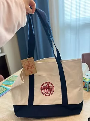 TRADER JOE'S Large Reusable Canvas Tote Eco Friendly Grocery Bag Blue Embroided • $15.99