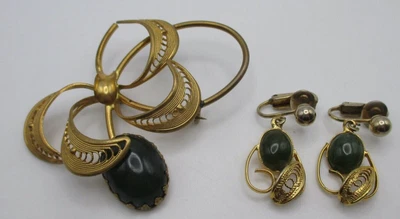 $10 • Buy VTG Signed Western Germany Cabochon Filigree Brooch & Dangle Earrings SET