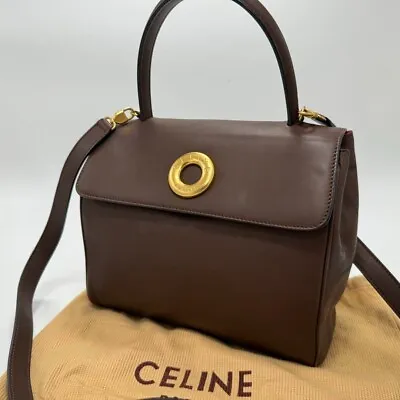 Vintage Old CELINE Leather Handbag Shoulder Bag Brown Circle Logo Made In Italy • $288