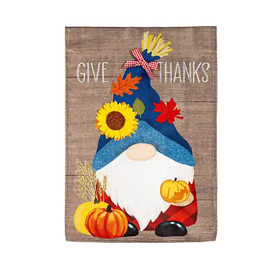 Evergreen Garden Flag 12.5 X18  Give Thanks Fall Gnome Burlap Thanksgiving New • $8.96