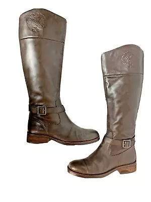 Vince Camuto Flavian Tall Boot Brown Leather W/ Embossed Crest Riding Boots • $42.01