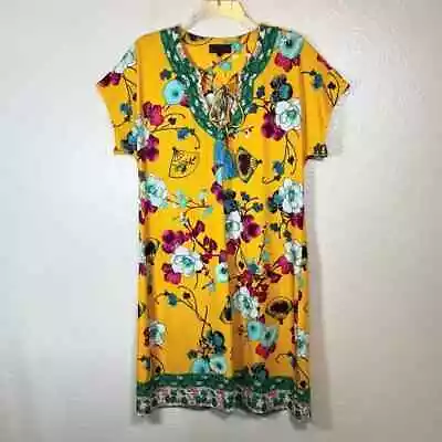 Hale Bob Large Bright Zamia Dress Yellow Oriental Floral Stretchy Midi Length • $67.99