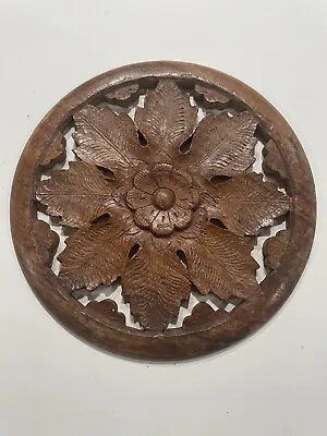 Vintage Hand Carved Wooden Trivet Plant Stand Round 6” Flower Leaf Carving. • $9.95