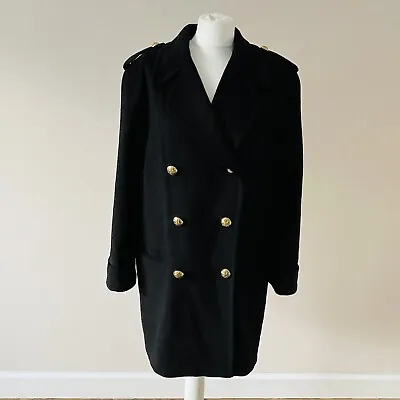 Jaeger Coat Black Wool Cashmere Size 12 UK Long Mid Knee Peacoat Vintage 80s • £34.99