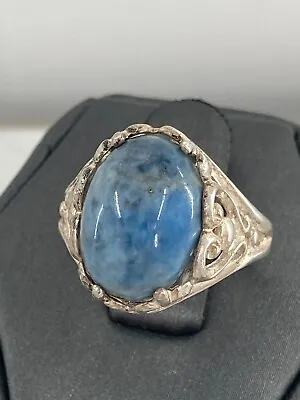 Robins Egg Blue Lace Agate Like Oval Stone Cutwork Ornate Sterling Silver Ring • $42.49