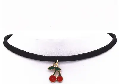 Double Cherry Charm Choker Black Faux Suede Enamel Necklace 90s Retro Jewelry • $4.61