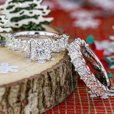 4ct Princess Cut Diamond Stylish Bridal Set Engagement Ring 14ct White Gold Over • £127