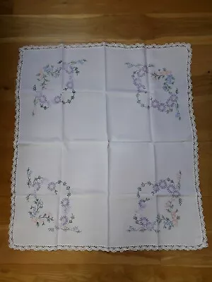 Vintage Embroidered Floral Flowers Tea Table Cloth Tablecloth Crochet Lace Edged • £6.65