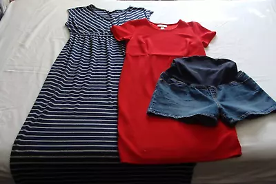 MIXED MATERNITY LOT Of 3 Red & Blue 2 DRESSES & SHORTS Sz L/12 • $12.99