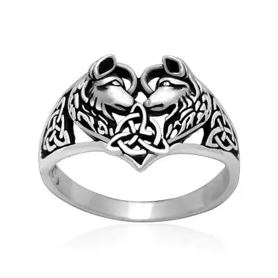 925 Sterling Silver Viking Pair Of Wolves Fenrir Triquetra Wolf Pagan Ring • $35.95