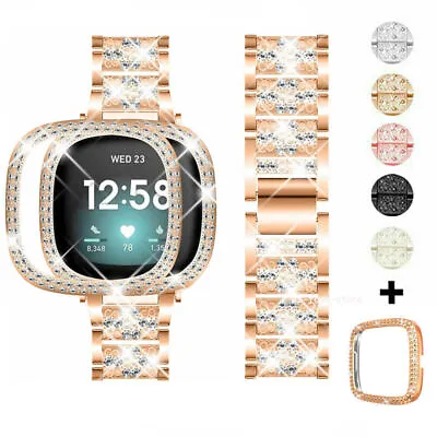 $18.99 • Buy Women Bling Stainless Steel Watch Band Strap +Pc Case For Fitbit Versa 3 / Sense
