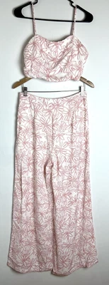 $32 • Buy Pink Lily Flare Pants And Crop Top Outfit White Pink Floral Flowy Set Women’s L