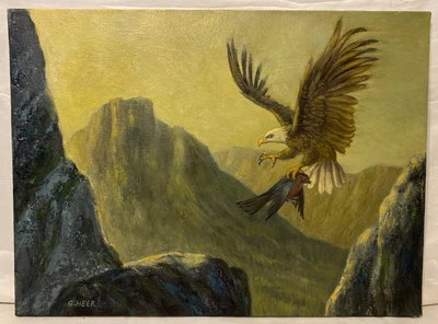 £67.09 • Buy Vintage Original Oil Painting Bald Eagle Hunting Mountains Signed G. Heer 24x18