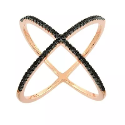 Sterling Silver Rose Gold Plated Criss Cross Ring W/ Micro Pave Black CZ Stones • $31.99